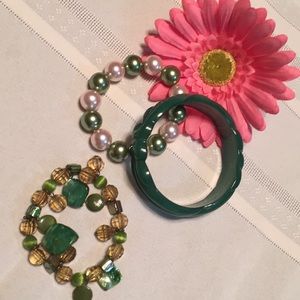 Green Lucite Bracelets Bangle Vintage Lot Stretchy